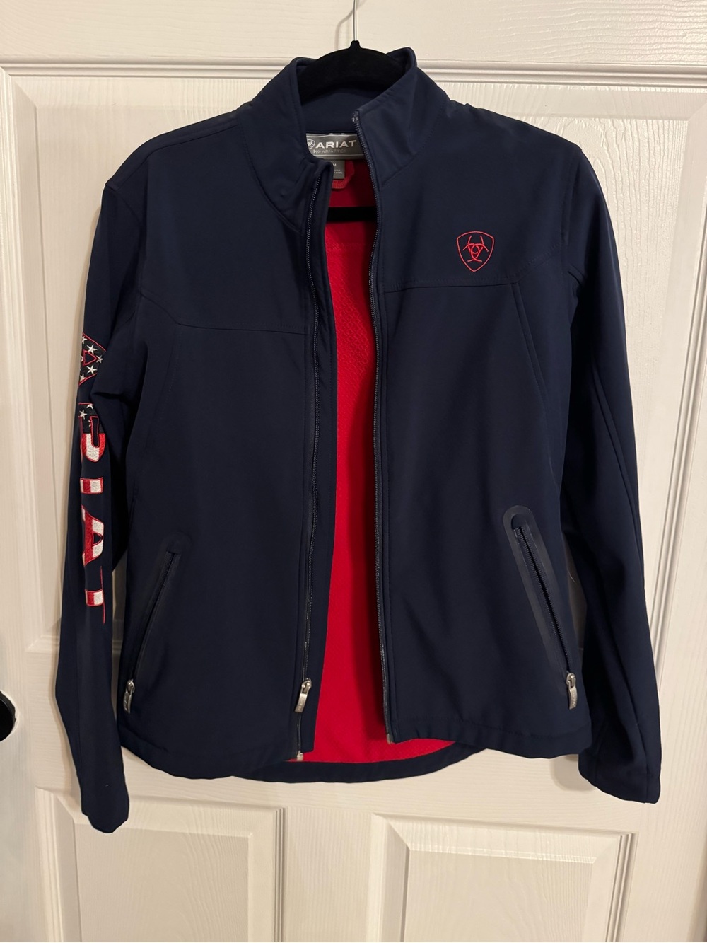 Ariat Tek Softshell Jacket Women’s M Navy Red Flag Logo Full Zip Team USA